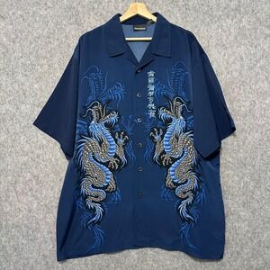 ODO Mens Sz 2XL Blue Dragon Short Sleeve Button Down Shirt Y2K Streetwear